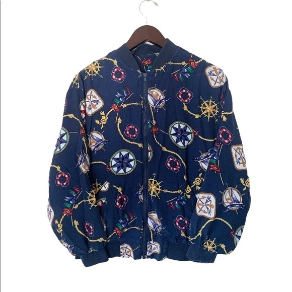 Vintage Jackets & Blazers - VINTAGE | Women’s Navy Nautical Bomber Windbreaker Zip Up Jacket | Size XL